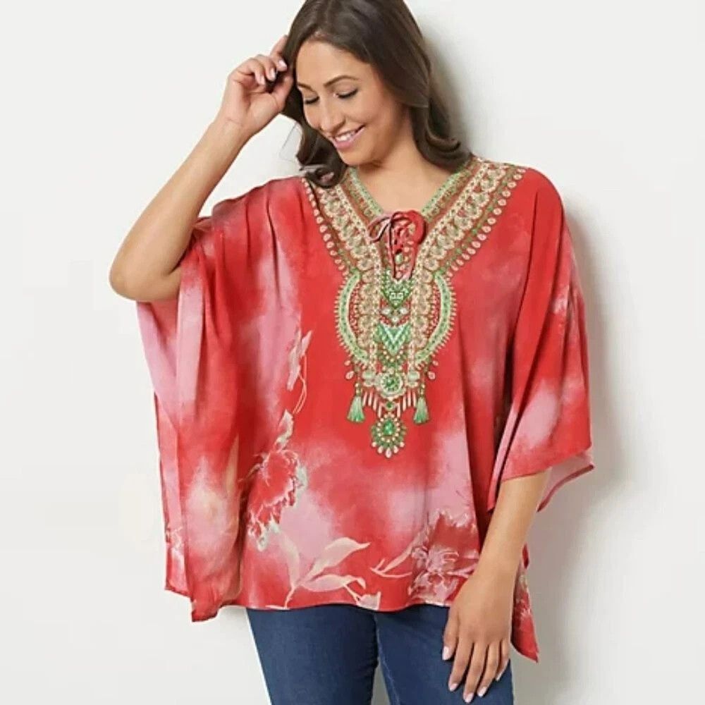 Belle by Kim Gravel 1X Poncho Boho Floral Tribal Red Printed V-Neck Lace-Up